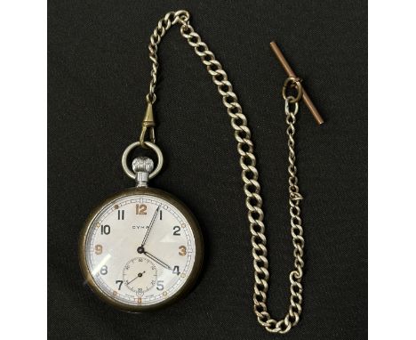 WW2 British General Service Trade Pattern Pocket watch by CYMA. White enamel dial with Arabic numerals and separate seconds d