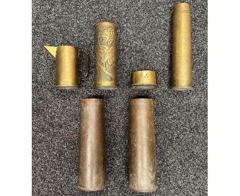 WW1 British Trench Art &amp; Shell Case collection comprising of: Jug made from French 75mm shell case: Vase with foliate dec
