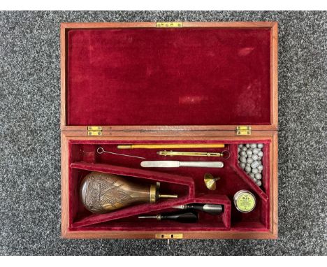 Wooden Gun Case for a Blackpowder Percussion Cap Pistol complete with Powder Flask (no makers marks), Ebony handled Screwdriv