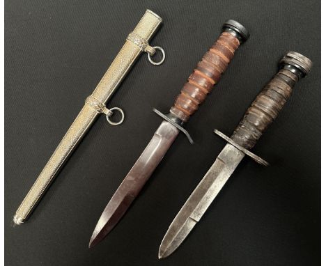 WW2 US Army M4 knife bayonet, reproduction, no scabbard; reproduction M3 fighting knife, no markings, no scabbard: reproducti