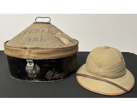 British Army Pre War Officers Tropical Pith Helmet and original Indian made tin with canvas covered lid marked "J Perley ARD"