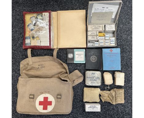 WW2 British Complete First Aid Outfit Book and ARP plus wartime First Aid kit and a 1955 dated First Aid bag and various Firs