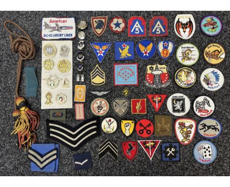 Post War cap badges and US, Kuwaiti &amp; West German cloth insignia, British Bugle cords, etc. 