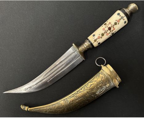 Indo-Persian Dagger with curved fullered blade 152mm in length. Brass guard with remains of plated finish. Bone handle with i