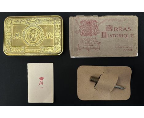 WW1 British Princess Mary's Gift Tin Christmas 1914 complete with Bullet Pencil on original card and 1915 Greetings Card. Tog