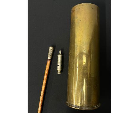 WW2 British 25 Prd Shell Case dated 1943, Bamboo Swagger Stick with white metal top Royal Fusiliers and a 1914 dated Whistle 