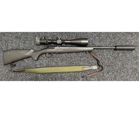 Browning T Bolt Straight Pull Rifle in .17HMR cal. Serial Number 20565ZW253. Black composite stock. Spare magazine to butt. F
