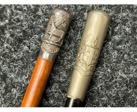 WW1 British Swagger Sticks: Queens Regiment cane swagger stick with Hallmarked Silver Cap and with an additional Collar with 