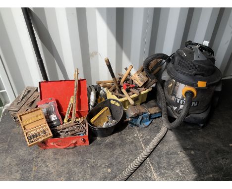 Selection of hand tools, drill bits, Titan hoover, Paramo vice, DeWalt saw and other 