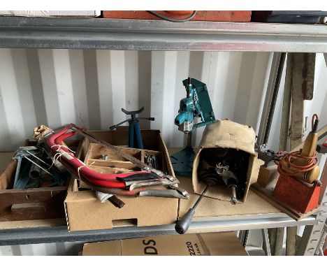 Quantity of tools, jack stands, drill on stand, saws and other items 