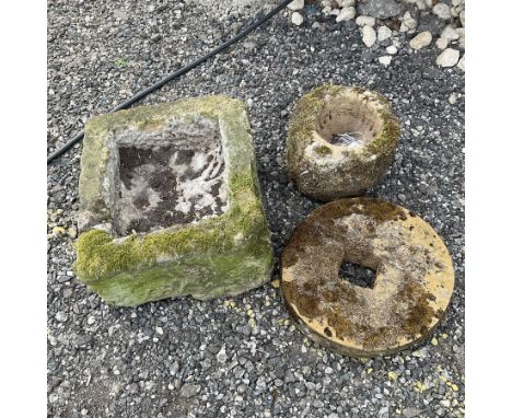 Small circular stone mortar, small stone wheel and a square stone trough