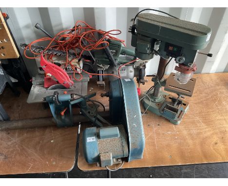 Tools, to include: Nutool pillar drill, Draper wood lathe, Hilka 6" bench grinder, etc