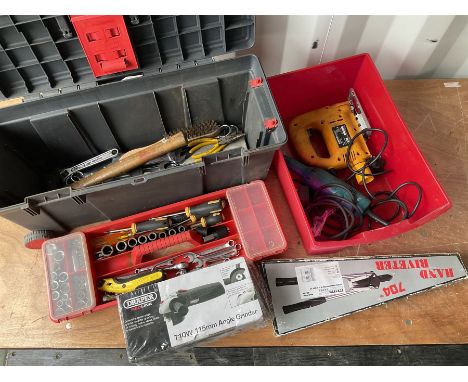 Quantity of sockets, screw drivers, spanners, Draper angle grinder, riveting gun and other