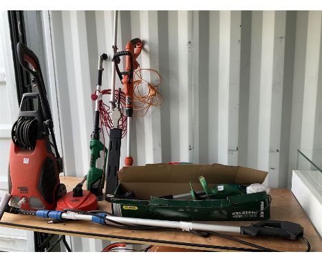 Black an Decker pressure washer and strimmer, Greenline tall hedge trimmer and other gardening electrical tools