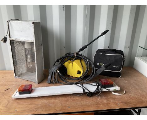 Small pressure washer, trailer light, car valeting kit, large industrial lamp, block and tackle - THIS LOT IS TO BE COLLECTED