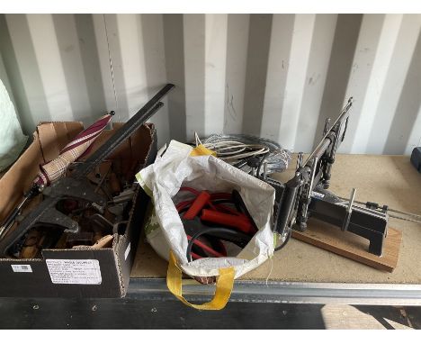 Draper mitre saw, outdoor light cable, metal clamps and other hand tools