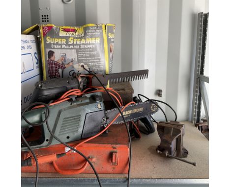 Spit 330 impact drill, Black and decker electric chainsaw, Record vice, steam wallpaper stripper and other