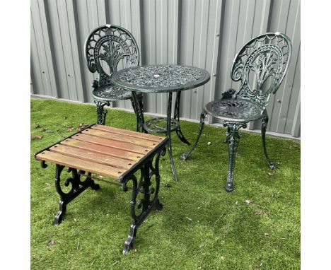 Cast aluminium garden table and two chairs with cast iron side table painted in dark greenDimensions: Height:&nbsp;60cm&nbsp;