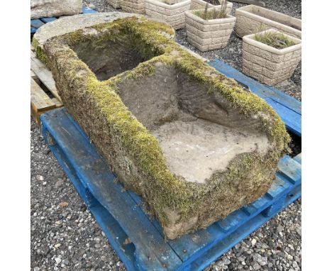 19th century two division stone trough, sloped scoop divisionDimensions: Height:&nbsp;35cm&nbsp; Length/Width:&nbsp;96cm&nbsp