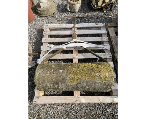 19th century stone garden roller with metal frame and handleDimensions: Height:&nbsp;130cm&nbsp; Length/Width:&nbsp;80cm&nbsp