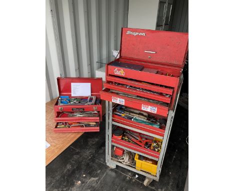 Tool workstation with Snap-on three drawer lockable tool box and tools, feeler gauges, wire strippers, screw drivers torque w