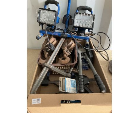Vintage pulleys, draper lights, heat gun, riveting gun, clamps and other tools