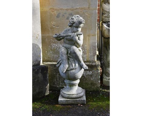 
	
		A stone composition model of a standing putto holding a cornucopia, 20th century, raised on a rectangular plinth, 161cm 