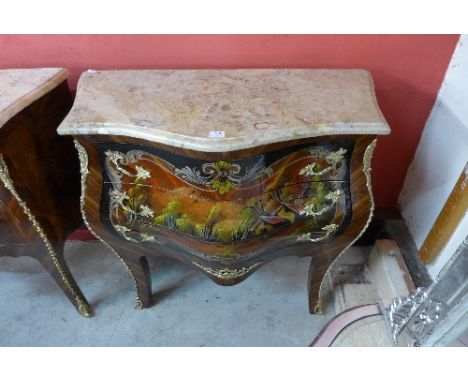 A reproduction Louis XV style mahogany effect marble topped commode
