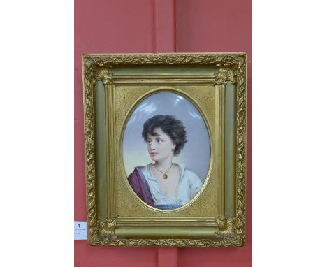 A 19th Century painted porcelain plaque (possibly Berlin), portrait of a young gentleman, inscribed and label verso, framed