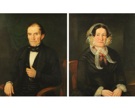 A pair of portrait oil paintings on canvas, believed to be the founder and wife of The Metal Box Company in Carlisle.  Each 7