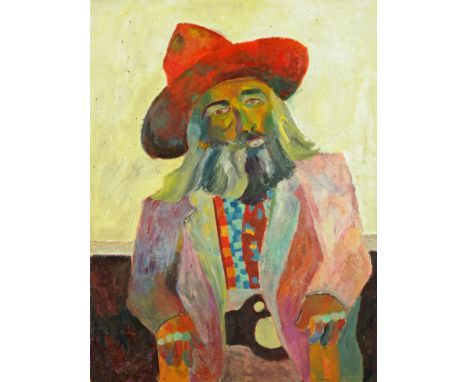 Audrey Harling (1920-1995), oil painting, half length portrait of a standing man wearing wide brimmed hat, 92 x 69 cm, unsign