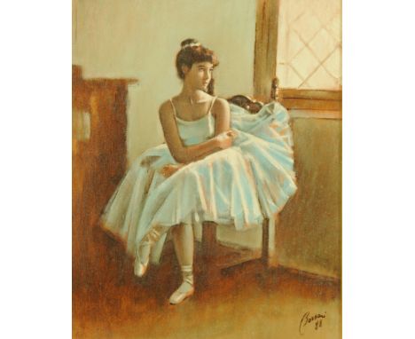 Carlo Borsari, oil painting, portrait of a seated ballerina.  board 30 x 24 cm, signed and dated 1988, in gilt moulded frame.