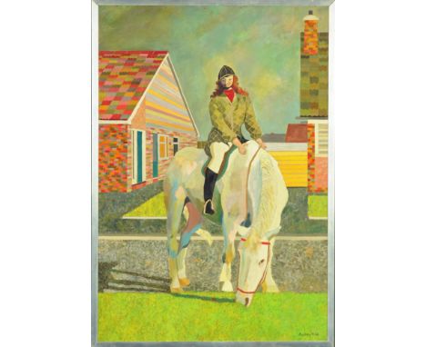 Audrey Harling (1920-1995), oil painting, portrait of a mounted rider with houses behind, 98 x 67 cm, signed and dated '80, i