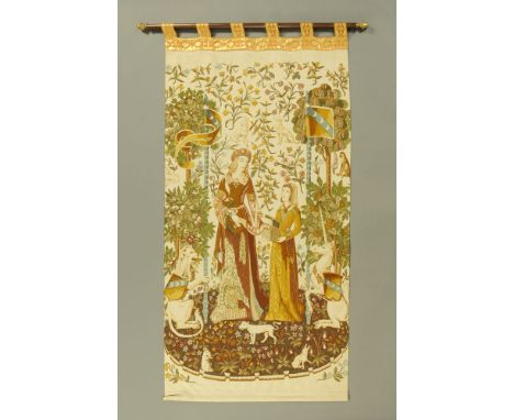 A printed fabric pendant tapestry panel, of Medieval design, height 235 cm, width 124 cm, and a turned wood metal mounted pol