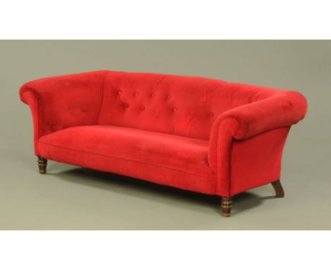 A Victorian Chesterfield style settee, upholstered in red partially deep buttoned velvet type material.  Height 68 cm, width 