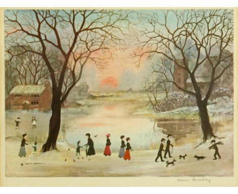 Helen Bradley, signed colour print, "Winter Pond", 27 cm x 37 cm with blind stamp and signed in pencil.