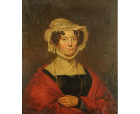 A 19th century oil painting on canvas, portrait of lady wearing bonnet.  75 cm x 62 cm in gilt slip.