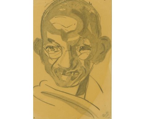 An early 20th century charcoal portrait of Gandhi, 26 x 17 cm, indistinctly signed Cooper? and dated approximately '37 in oak