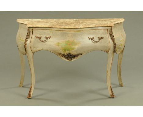 A Louis XV style painted commode chest, with single drawer and beige variegated marble top raised on cabriole legs terminatin