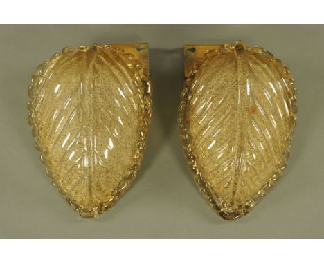A pair of Orrefors frosted glass wall light fittings.  Height 28 cm, width 20.5 cm. CONDITION REPORT: Each shade length 28 cm