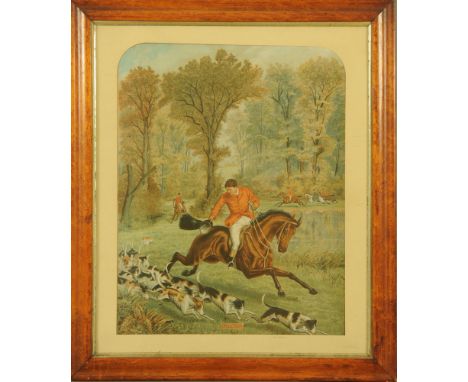 A 19th century coloured print, "Full Cry".  44 cm x 35 cm in maple frame.