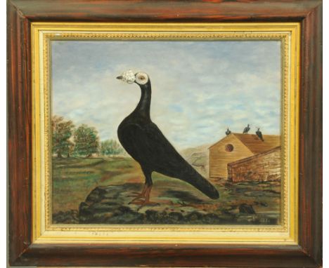 A 19th century Naive School - oil painting - portrait of a racing pigeon with pigeon loft and landscape behind, 36 x 45 cm, d