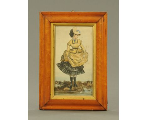 Victorian/Edwardian school, watercolour, portrait of a fashionable lady crossing a stream, 23 x 12 cm in figured maple frame 