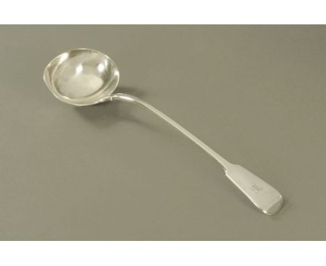 A Victorian silver fiddle pattern soup ladle, possibly by John Stone London 1850.  35 cm long, weight 303 grams, engraved H t