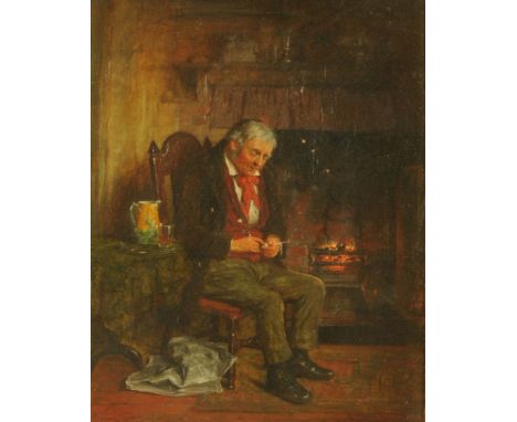 Robert William Wright (Fl 1870-1906), oil painting, interior scene with a seated man filling a pipe by an open fire, canvas 2