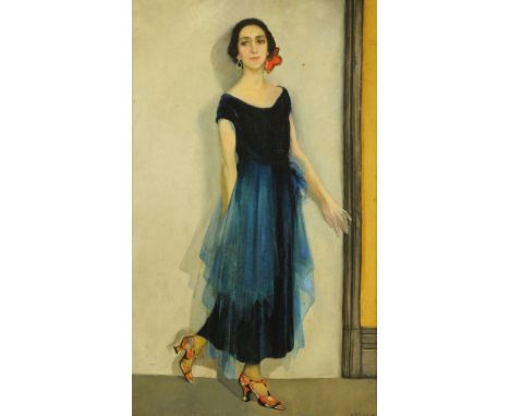 Anna Katrina Zinkeisen (1901-1976), oil on canvas of a flapper.  60 cm x 37 cm, framed, signed and dated 1921.  NOTE:  Label 