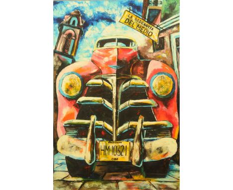20th century school, oil painting, "La Bodeguita del Medio", portrait of a 1950's car.  Canvas 190 x 78 cm.