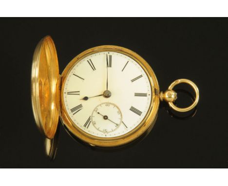A Victorian 18 ct gold full Hunter pocket watch by C. Read Senior & Company London, No. 3680, the white enamelled dial with s