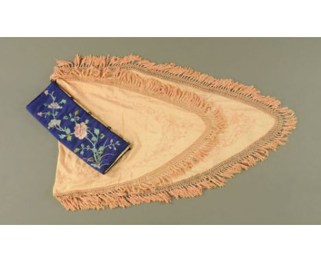 An embroidered shawl, circa 1930 together with a silkwork hanging. CONDITION REPORT: The silkwork hanging is 36 cm x 49 cm.  
