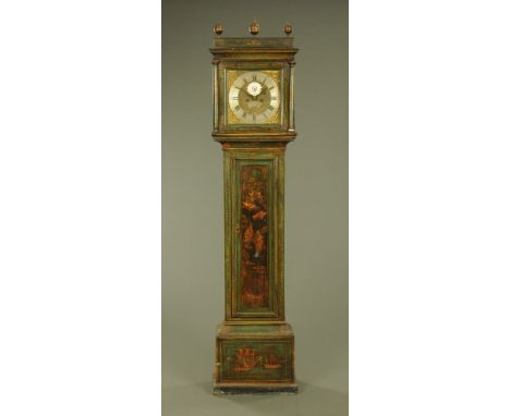 A George III chinoiserie lacquered longcase clock, with two train striking movement by John Page Ipswich, the painted case wi